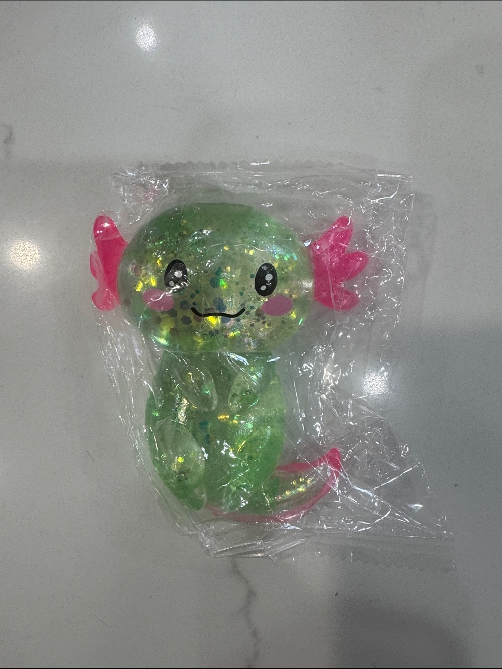 Sparkly Green Axolotl Squishy Toy with Pink Fins